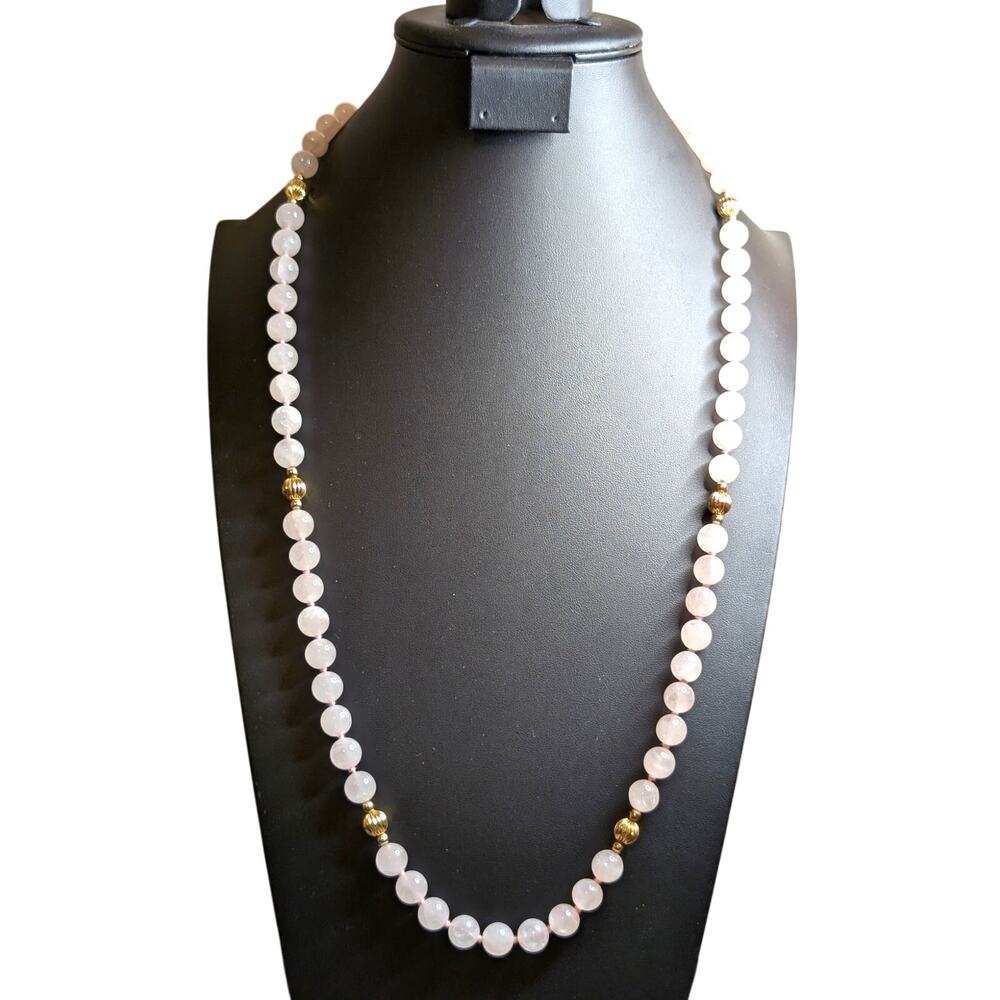 Ice Cold Rose Quartz & Gold Striated Bead Hand Knotted Over the Head Necklace